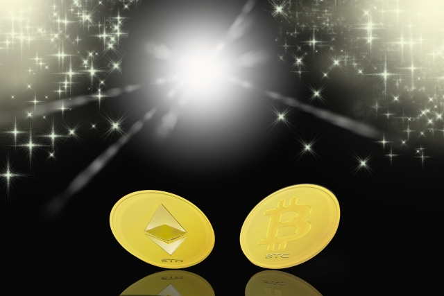 2つの仮想通貨のコインとキラキラ輝く光