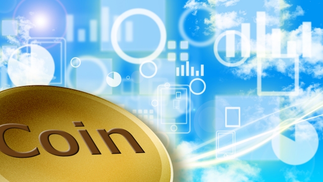近未来的なデジタル背景と黄金のコイン
