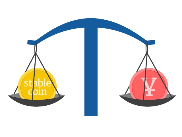 日本円とステーブルコインが天秤に乗っている図