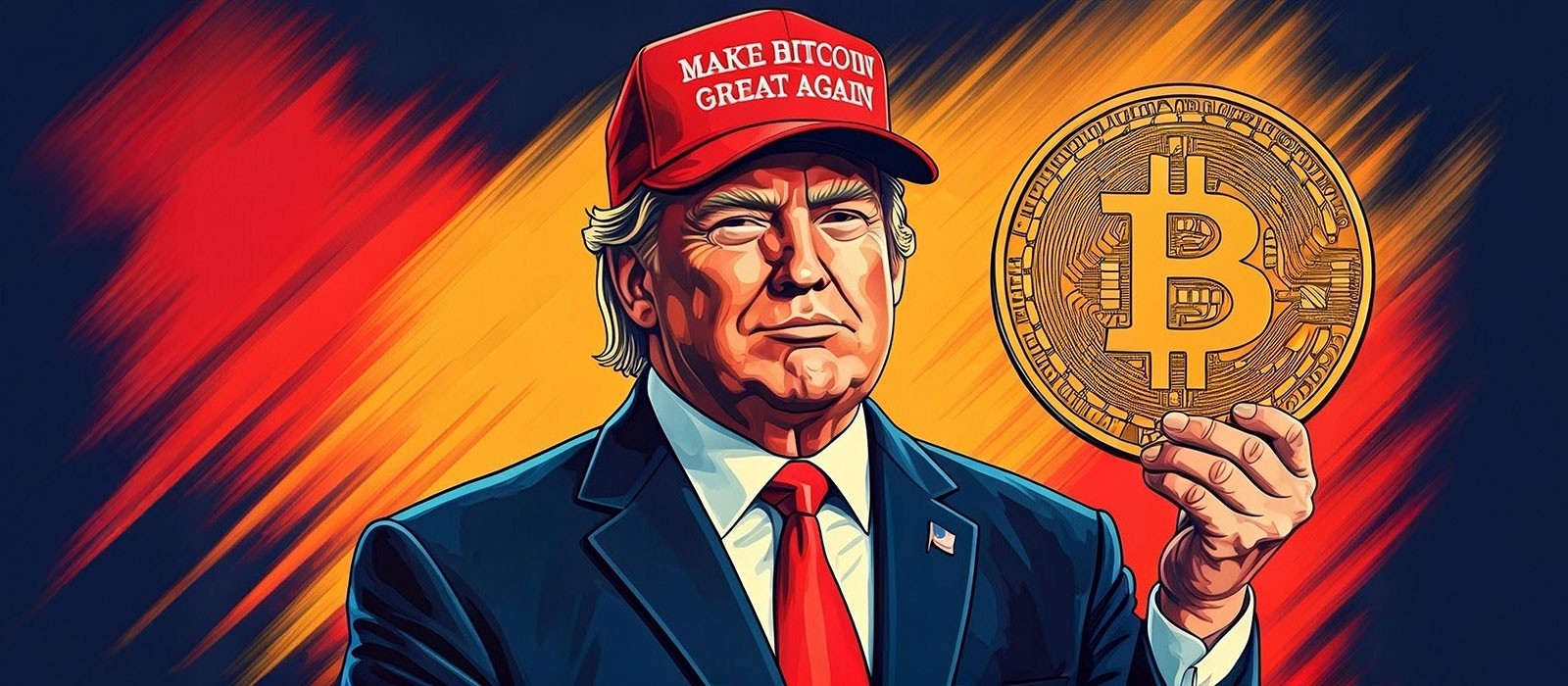 ビットコインを掲げるトランプ大統領のイラスト