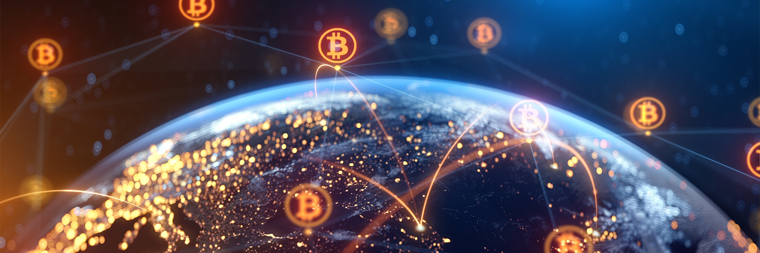 宇宙に浮かぶ地球とビットコインネットワークのイメージ