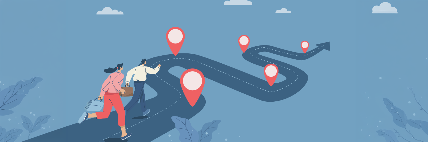 ロードマップを行く男女のイラスト