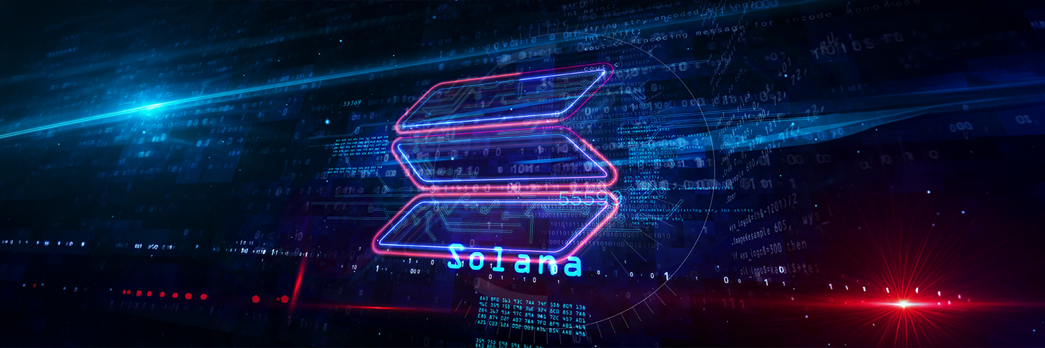 未来的なイメージにネオンカラーのsolanaのロゴ