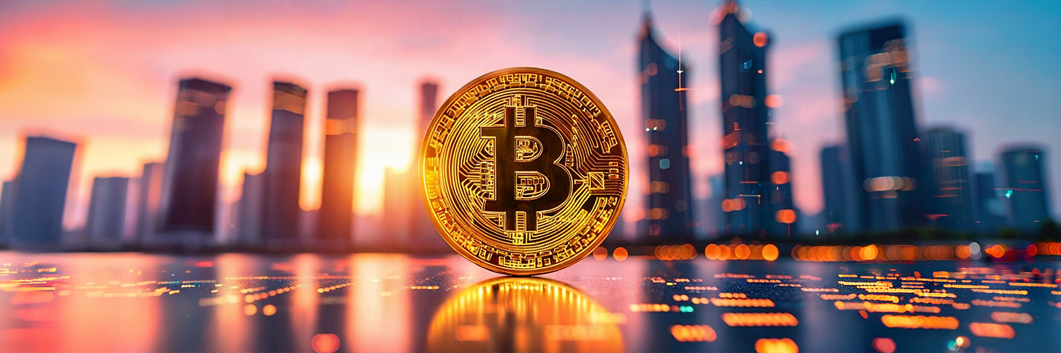 夕暮れの高層ビル群を背景にしたBitcoin